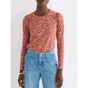 J CREW Top Womens Plus Size 3X Floral Puff Sleeve 100% Cotton Orange Long Sleeve